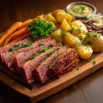 Sliced slow cooker corned beef served with vegetables